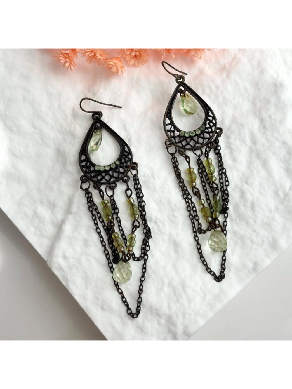 Ultra Dark Silver Toned Green Rhinestone Chandelier Vintage Dangle Earrings - Picture 9 of 13